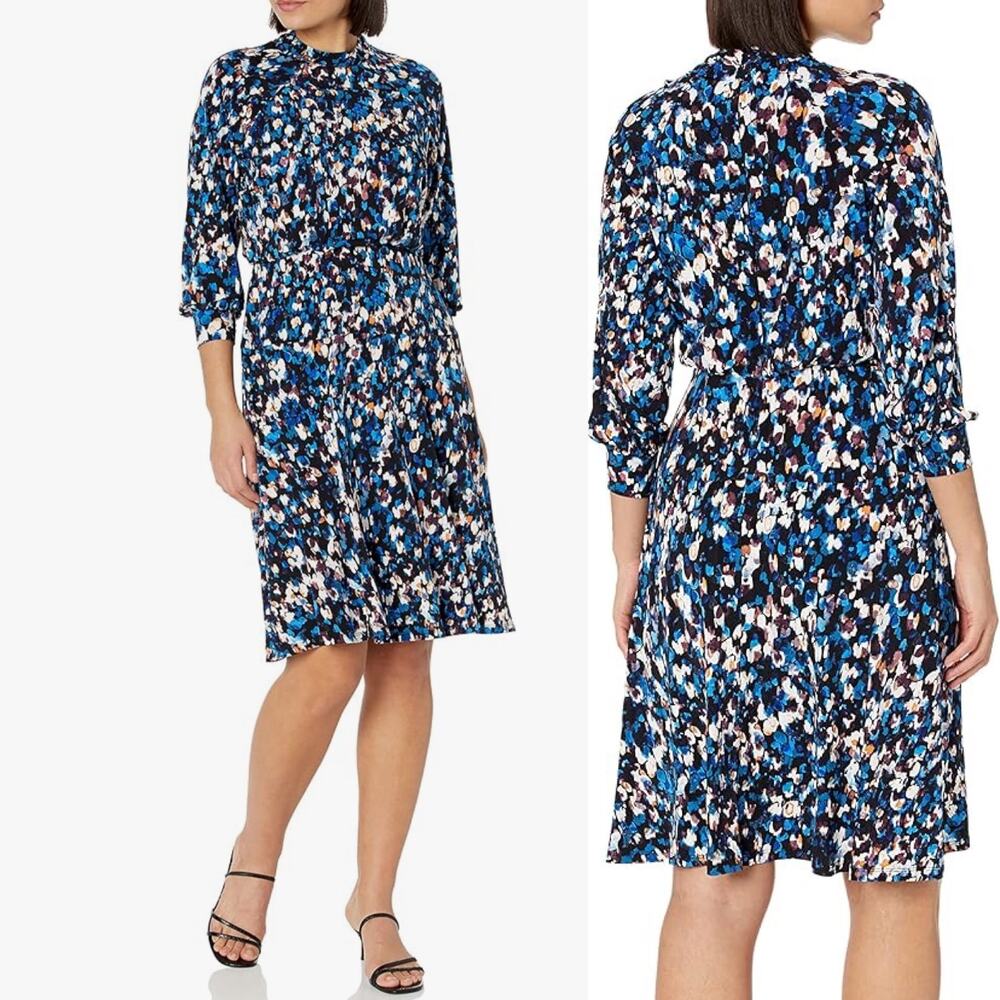 Maggy London Raglan Long Sleeve Crew Neck Blue Speckled Print Blouson Midi Dress